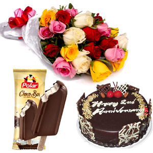 Red Roses W/ Cake & Ice Cream