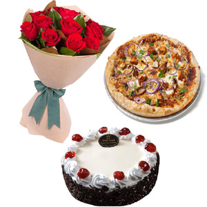 Pizza W/ Red roses & Cake