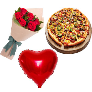 Pizza W/ Red Roses & Love Balloon