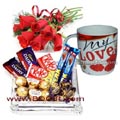 (58) Chocolates basket W/ 8 pcs Red Roses & Love Mug