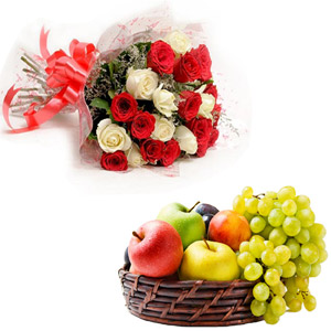 Fruit Basket W/ Mixed Roses