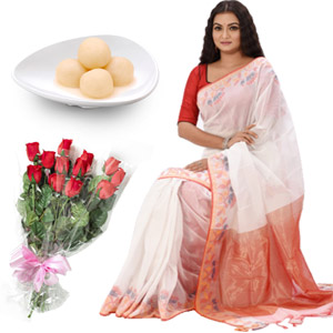 Half silk sharee with red roses and sweet
