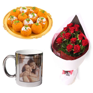 Customized Mug W/ Moti Laddu & Roses