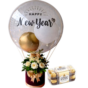 New Year Balloon, White Roses & Ferrero Combo