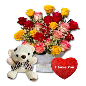 Multicolor Roses, Teddy & Love Pillow Combo