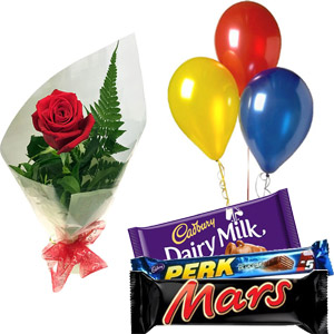 Chocolates W/ red roses and balloons